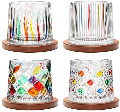 Rotatable Old Fashioned Glass Cup, 275ml/10oz Crystal Whiskey Glass Set of 4, Wood Coaster, Thickening, Used as Rum Glass, Cocktail Cup, Coffee Cup, Milk Cup to Relax and Reduce Stress