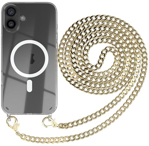 EAZY CASE - Handykette kompatibel mit iPhone 16 Plus Kette zum Umhängen Stoßfest Handyhülle für Apple iPhone 16 Plus Silikon Hülle mit Band Handytasche Transparent als Fallschutz in Metall - Gold