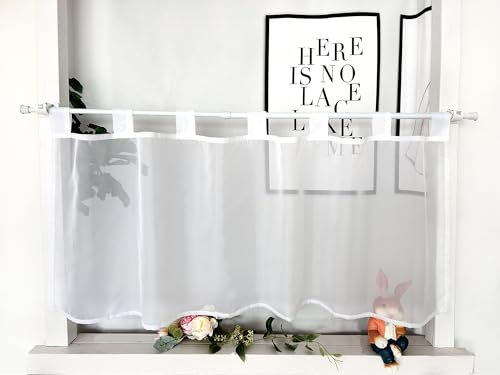 Devola Scheibengardinen Voile Kurzgardine mit Schlaufen Modern Bistrogardine Transparent Fenstervorhang Kurz Gardine Einfarbig Fenstergardinen Küche HxB 45x90cm Weiß 1 Stück