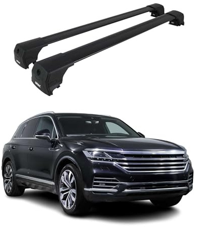 OMAC Aluminium Dachträger Querträger für VW Touareg III 2018-2024 Pre-FL – City Crash – ISO/PAS 11154:2006 – Abschließbar – Max. 75 kg – 2 Stangen Schwarz
