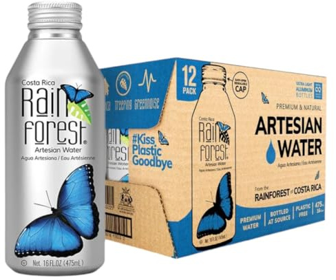 RainForest Premium & Natural Artesian Spring Water from Costa Rica, Aluminium Bottle Cans 16fl.oz/473ml. (12 Pack)