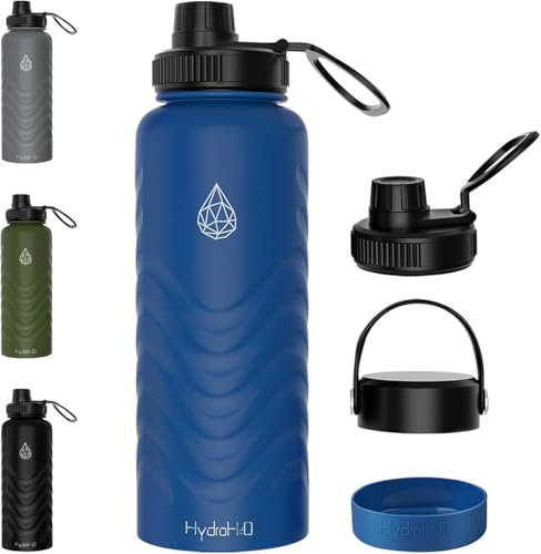 HYDRO H2O 32oz Insulated Stainless Steel Water Bottle with Straw (Leak-Proof,BPA-Free,Wide Mouth Sports Bottle with Spout & Screw Top Lid,Durable Flex Handle & Silicone Boot)–Blue