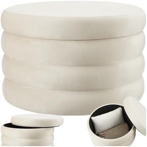 tectake® Hocker mit Stauraum, XL Scandi Sitzhocker Samt Stoff, Pouf, Polsterhocker rund für Schminktisch, Wohnzimmer Möbel, als Flur Möbel, Stauhocker Wohnen, Ø 67 x 42 cm - Samtoptik Creme-weiß