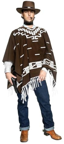 Smiffys Cowboy Kostüm Herren Einsamer Joe – 4-teiliges Western Set im Clint Eastwood Stil – Komplett-Outfit mit Poncho, Weste, Hut & Pistolengürtel – Für Fasching & Mottopartys