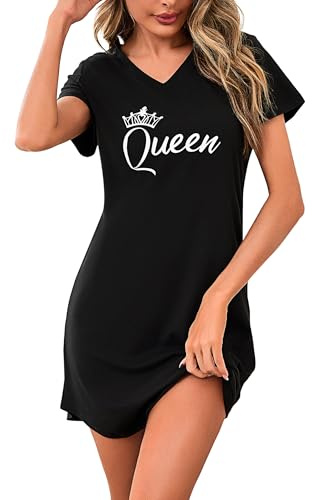 Bresdk Women's Nightdresses Nightshirt Short Sleeve Sleep Tee Shirt Print Nightgowns V Neck Sleepwear Casual Nighties Pajama Dress Black,XL