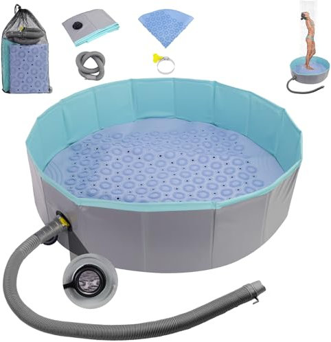 Camkinger Piatto doccia portatile con tappetino antiscivolo, pavimento pieghevole per lavabo con tappetini da bagno per bagno antiscivolo, doccia da campeggio 2 in 1 con tappetino antiscivolo per