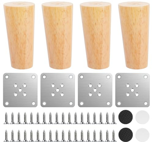 Wooden Sofa Legs Set of 4, Wooden Furniture Legs 10cm, Wood Furniture Feet, Straight Tapered Replacement Leg for Table Cabinet Dresser Chair Bed Legswith Non-Silp Pads, Mounting Plate & Screws