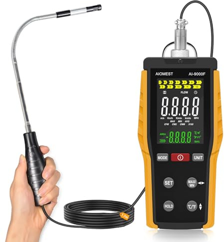 Anemometro Portatile Misuratori del Vento, AIOMEST Misuratore Portata Aria CFM Termico per Velocità Vento e Temperatura, per Condotti, HVAC Ventilazione Canali, Anemometer a filo caldo AI-9000F