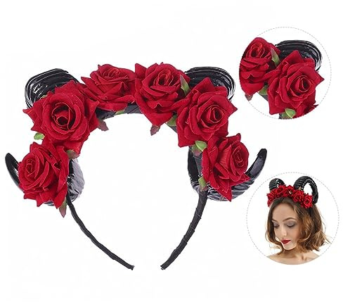 DECOMELODY Serrage-tête à Fleurs D'halloween en Polyéthylène Rouge Cornes Noires, Réutilisable Abîmer la Coiffure, pour Fêtes Quotidiennes et Noël