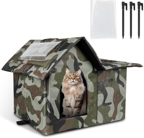 Outdoor Cat House Weatherproof, Large Weatherproof Cat Bed for Indoor Cats,Collapsible Warm Feral Cat Shelter with Removable Soft Mat for Winter (Camo, Large)