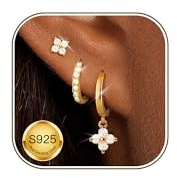 3 Paar Ohrringe Silber 925 Set Damen Gold 18K Vergoldet Klein Ohrstecker | Creolen Hypoallergen,Wasserfest,Stapelbar,Zirkonia Schmetterling Kleeblatt,Helix Piercing Schmuck,Geschenk Frauen Mädchen