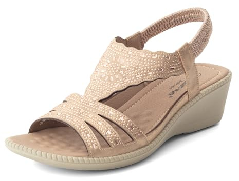 Cushion Walk Women's Ladies Extra Wide EEE Fit Diamanté Sandals, Sparkle Rhinestone Comfortable Low Wedge Slingbacks with Cushioned Insole, Elasticated Strap Dressy Glamorous Evening Summer Shoes