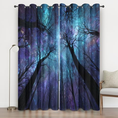 Fantasie Wald Vorhänge Blickdicht, Sternenhimmel Vorhang mit ösen für Wohnzimmer Schlafzimmer, Thermovorhang Kälteschutz Gardinen, Milchstraße Verdunklungsvorhänge 2er set B 234 x H 183 jO11So