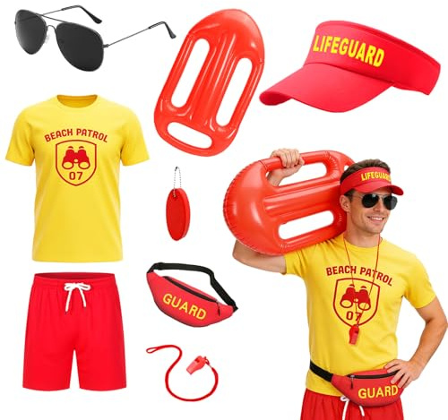 Atomvia 8Pcs Guard Costume Men Women Patrol TShirt Shorts Hat FannyPack Whistle Glasses Float Keychain Halloween PartyCosplay (XL)