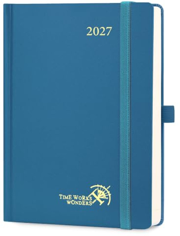 POPRUN Tagesplaner 2027 Kalender A5 1 Tag 1 Seite, Hardcover Tageskalender | 12-Monate-Terminplaner(Jan.2027-Dez.2027), 80 GSM Papier, mit Plastiklineal, für Büro & Studium(Nachtblau)