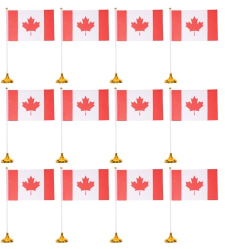 EXQUIMEUBLE Lot de 12 Set de Set de Mini Drapeaux du Canada en Polyester avec Hampe Plastique et Base Dorée Stable, Décoration de Bureau Élégante pour Réunions Professionnelles et Espaces