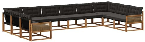 vidaXL Outdoor-Sofagarnitur mit Kissen 10 pcs Natürlich und Schwarz, Gartenmöbel-Set, modernes modulares Sofa, langlebige Couch, ergonomisches Design, schicke Terrassen-Sitzmöbel