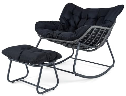 SOARS Schaukelstuhl mit Hocker, übergroßer Gartensessel gepolstert mit abnehmbaren Sitzkissen, Relaxsessel aus Rattan mit Metallrahmen bis 150 kg, Schaukelsessel für Wohnzimmer & Balkon (Schwarz)
