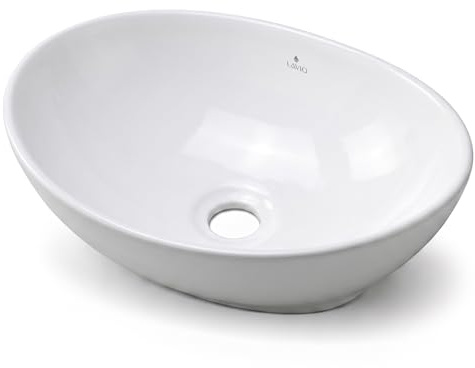 AKORD Lavabo sobre Encimera Ovalado OVALIS de Cerámica para Baño y Aseo, 41 x 33 x 14,5 cm, Blanco brillante