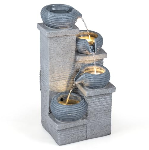 COSTWAY Fontaine de Jardin 4 Niveaux avec Éclairage LED, 28x22x58CM | Cascade d'eau Décorative en Résine pour Méditation&Détente, Jardin Terrasse Balcon