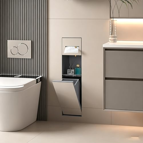 Fliesbare Unterputz-Nische aus 304 Edelstahl mit Mülleimer, Toilettenpapierhalter und Klobürstenhalter – Verdeckter Wandeinbau-Organizer für das Badezimmer(Gray,74.5 * 22.4 * 14cm/29.3 * 8.8 * 5.5in)