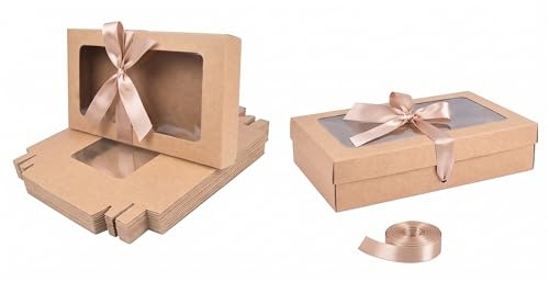 Emartbuy Packung mit 12 Stück Geschenkbox in Rechteckiger Form, 25 cm x 15 cm x 5 cm,Braune Kraft Schachtel mit Klarem Deckel und Satinband