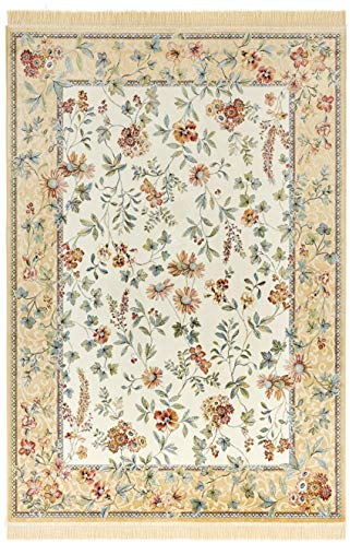 Nouristan Naveh Orient Teppich – Wohnzimmerteppich Orientalisch Kurzflor mit Fransen Vintage Orientalischer Samt-Teppich für Esszimmer, Wohnzimmer, Schlafzimmer – Creme Cord, 95x140cm
