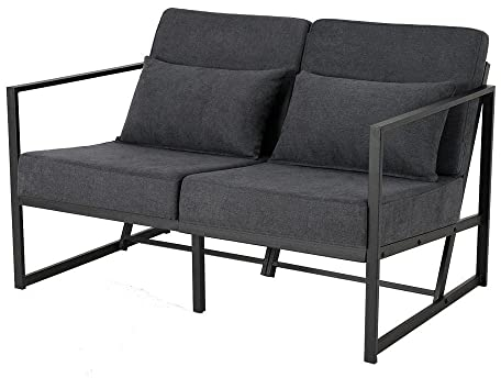 Mingone 2 Sitzer Sofa Dunkelgrau Klein Couch Gepolsterter Sofa mit Leinen Retro mit Armlehnen Metall für Wohnzimmer Empfang Café, 114 x 72 x 72cm