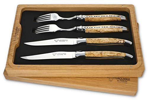 Laguiole en Aubrac - 2 Steakmesser und 2 Gabeln - Besteck-Set - Griff Birkenholz - Original Frankreich mit Zertifikat