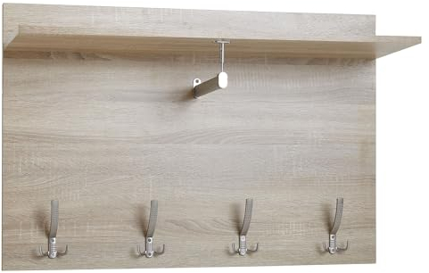 Wohnling Wandgarderobe Sonoma Eiche 90x60x29,5 cm Design Flurgarderobe Holz, Hakenleiste Wandpaneel mit Ablage und Kleiderstange, Garderobe Wand, Garderobenleiste Flur