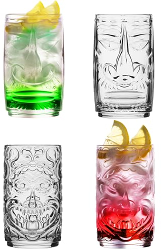 PLATINUX Tiki Gläser Set 4Teilig aus Glas 350ml (max 450ml) 2 Gesichter Cocktailgläser Longdrinkgläser Hawaiianisch