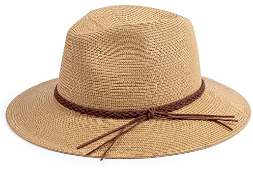 DRESHOW Damen Panama Hut Breiter Krempe Stroh Sommer Fedora Strohhut Panama Aufrollen Hut Strand Rollbar UV Sonnenhut UPF 50 +