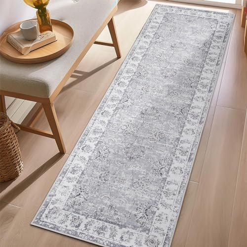 TOPICK Runner Rug 60x180cm Hallway Entrance Grey Floral Washable Rug Thin Non Slip Carpet for Kitchen Bathroom Bedroom