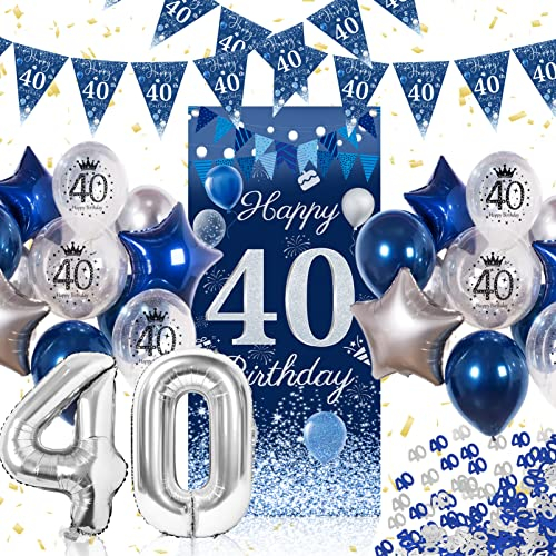 Deko 40. Geburtstag für Männer und Frauen - Blau Banner Hintergrund, Konfetti, Girlande, Wimpel, Luftballons