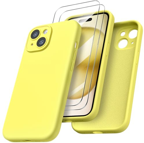 ORNARTO für iPhone 15 Hülle mit Kameraschutz und 2 Schutzfolien, flüssigem Silikon Handyhülle iPhone 15 6.1 Zoll mit Kamera Schutz, stoßfeste iPhone 15 Schutzhülle mit Mikrofaser - Zitrone Gelb