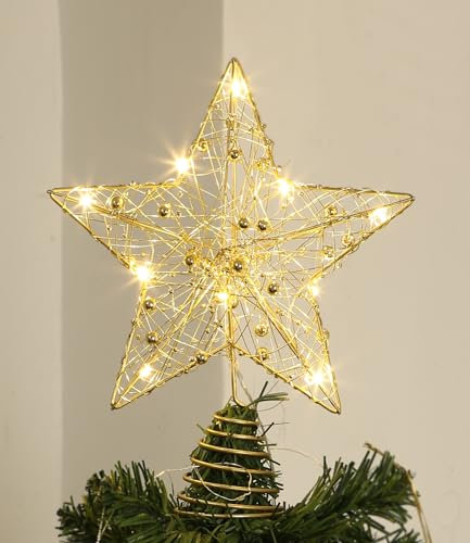 SOBEAU Stella di Natale Decorativa - Puntale per Albero Luminoso in Ferro Con Glitter Oro - Decorazione Natalizia
