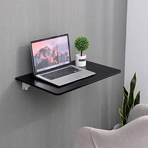 Pantanal Wall Mounted Floating Table Drop-Leaf Folding Laptop Desk Shelf for Small Space, Wood Little Collapsible Wall Hanging Computer Desk Workstation for Home Office (Black)