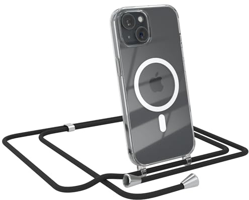 EAZY CASE - Handykette kompatibel mit iPhone 15 Kette zum Umhängen Stoßfest Handyhülle für iPhone 15 Silikon Hülle mit Band Handytasche Transparent als Fallschutz in Schwarz - Clips Silber