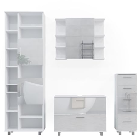 Vicco Badmöbel-Set Ilias, Weiß Hochglanz 80.2 cm | besteht aus Waschbeckenunterschrank, Spiegelschrank, Hochschrank und Midischrank