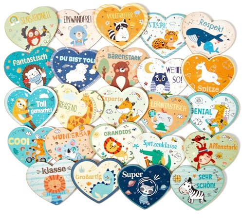 Otuuz 24 Holz Glücksbringer mit Lob und Tiermotiv Glückstaler Glücksbringer in Herz Form Motivationsgeschenke für Kinder Kleine Geschenke zur Belohnung Einschulung Holz Streudeko Tischdeko