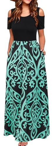 STYLEWORD Women's Summer Cold Shoulder Short Sleeve Maxi Dress Floral Print Elegant Long Dress with Pockets(Floral-Z26-298,XL)