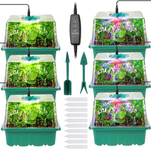 Rinobels Indoor Gewächshaus Propagator mit Pflanzenlampe,6 Stück 72 Zellgewächshaus Anzucht Set mit Zeitschaltuhr,einstellbare Helligkeit,Dickes Gewächshaus mit Deckel und Belüftung