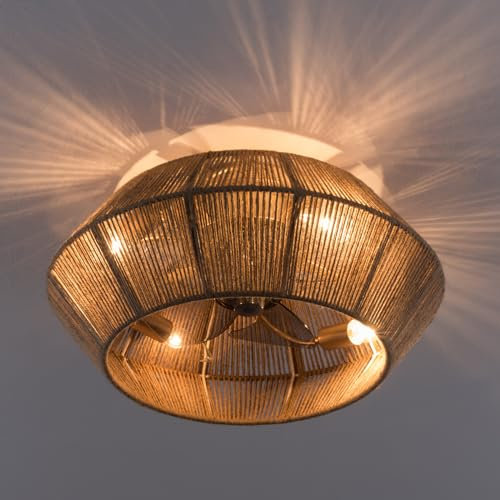 Deckenventilator mit Leuchte & Fernbedienung, Rustikal Handgeflochtene Ventilator mit Licht, 6 Stufen, Sommer Winterbetrieb für Wohnzimmer Schlafzimmer Esszimmer, 4*E27 (Ohne Glühbirnen), 46*18cm