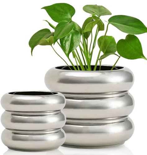 Cusmation 2 Piece Modern Ceramic Planter, 6.5/4.7 Inch Silver Plant Pot Set of 2 Unique Planters for Outdoor Indoor Flower Pots Plants with Drainage Holes Home & Office Decor with Mesh Pad