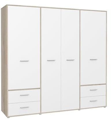 FORTE MOKKARO Schrank 200 210, Kleiderschrank Schlafzimmer Drehtürenschrank Modern, 4-türig mit 4 Schubladen, Einlegeböden und Kleiderstange, Weiß, 206 cm breit x 200 cm hoch x 53 cm tief
