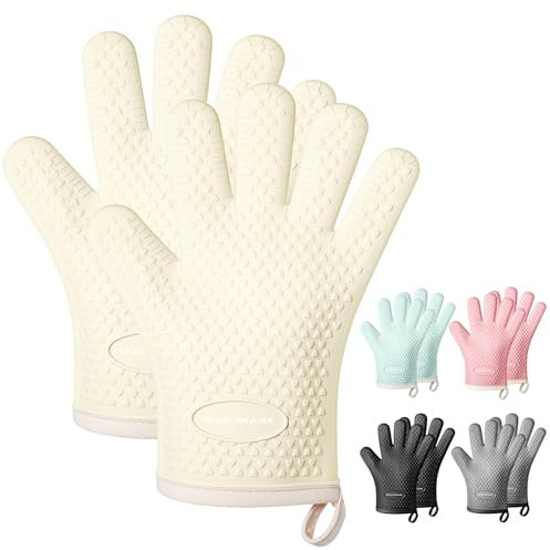 MAD SHARK Silicone Oven Mitts Heat Resistant 450 Degrees with Waterproof & Non-Slip Kitchen Mittens Potholders,Soft Cotton Lining,Kitchen Oven Gloves with Fingers for Baking Cooking Barbecue (WHITE)