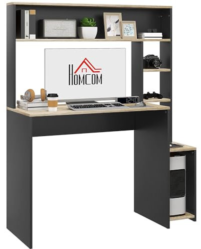 HOMCOM Bureau avec Rangement, Table d'ordinateur avec étagères et Support pour unité Centrale, 114 x 45 x 138 cm Gris et Effet Bois Naturel