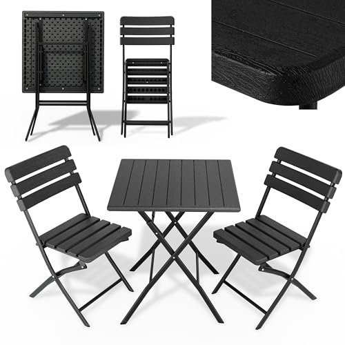 Onbest Balkontisch Set für 2 Personen – 3 teilig – Tisch mit 2 Stühlen – Klapptisch aus robustem Kunststoff in Holz Optik– klappbar – wetterfest – für Balkon, Garten & Terrasse