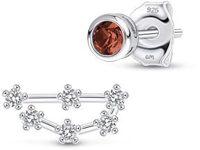 Amberta Damen Sternzeichen Ohrringe Asymmetrische Ohrstecker Silber 925 | Sterling Silber Ohrringe Damen | Sternzeichen Ohrringe Silber | Asymmetrische Ohrringe Damen: Januar Roter Granat Ohrstecker
