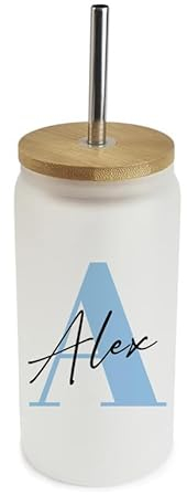 Getagift Personalised Alphabet Initial with Name, Marble Cup, Frosted Glass Tumbler 18 OZ with Bamboo Lid and Silver Straw, Glass Can, Wide Mouth Jar for Drinks.